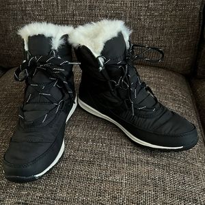 Women's Sorel Whitney Faux Fur Black Lace Up Winter Boots,  Size 7.5